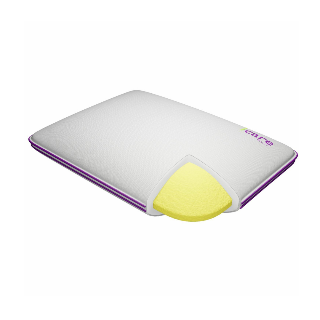 The iCare Medical Cloud Pillow features a rectangular white design with purple edges, a corner cutout revealing its yellow ActiveX™ core, and is encased in an ultra-soft microfibre-filled cotton cover for ultimate comfort and support.